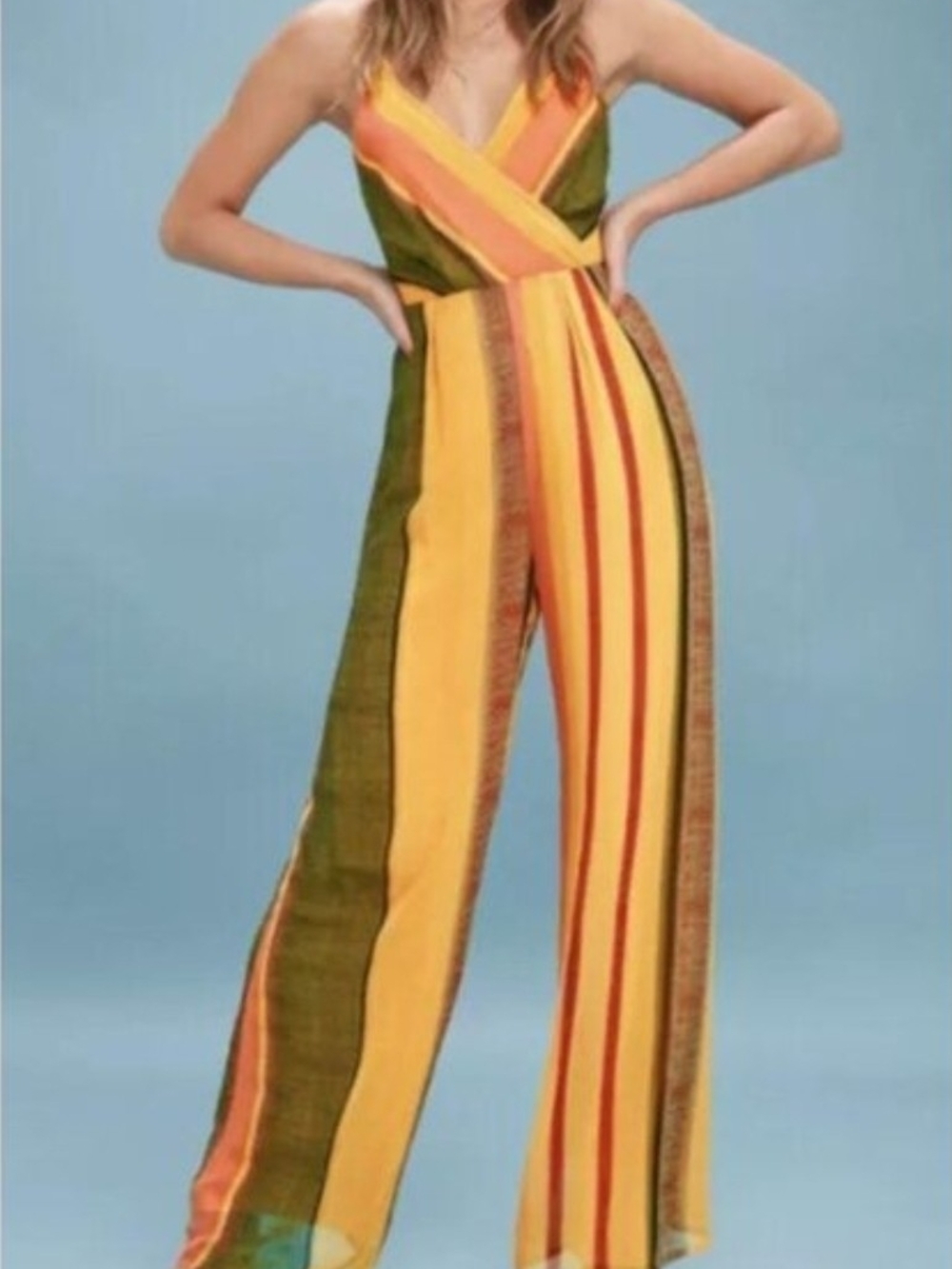 Lulu's Yellow, Orange & Green Striped Wide-Leg Jumpsuit